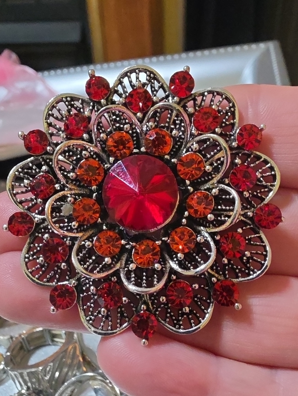 A36- Red and Orange Floral Crystal Brooch